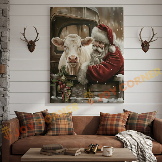 Joycorner Charolais Cow With Santa Claus Christmas Scene 3D Wrapped Canvas