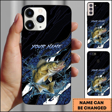 Joycorners Walleye Fishing Phone Case Hexagon Tech Pattern Blue Splash Personalized Name Phone Case