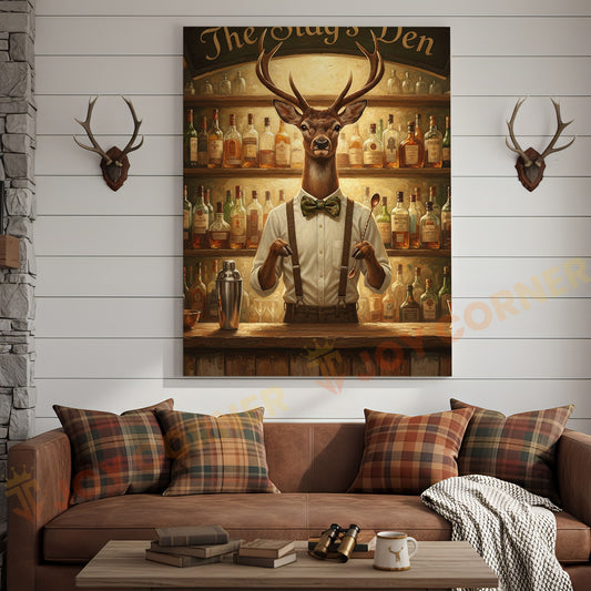 Joycorners Elegant Deer Bartender Mixing Whiskey Cocktails in The Stag’s Den Wrapped Canvas Wall Art