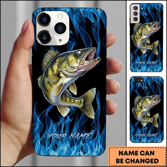 Joycorners Walleye Fishing Blue Flame Smoke Background Personalized Name 3D Phone Case