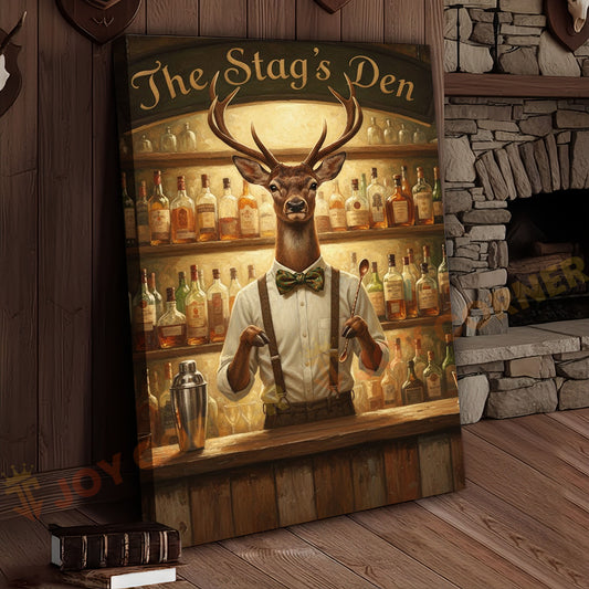 Joycorners Elegant Deer Bartender Mixing Whiskey Cocktails in The Stag’s Den Wrapped Canvas Wall Art