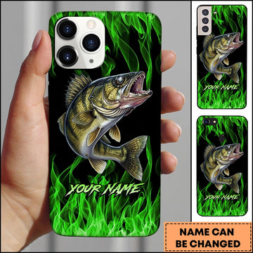 Joycorners Walleye Neon Green Flame Black Background Art Personalized Name Phone Case