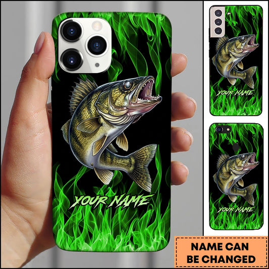 Joycorners Walleye Neon Green Flame Black Background Art Personalized Name Phone Case