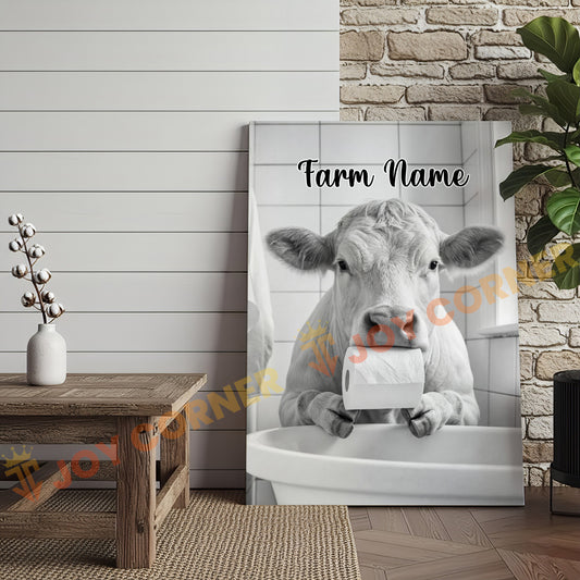 Joycorners Cattle Cow Funny Charolais Cow In Bathroom Holding Toilet Paper Personalized Name Canvas