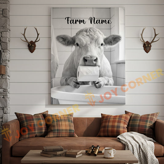Joycorners Cattle Cow Funny Charolais Cow In Bathroom Holding Toilet Paper Personalized Name Canvas