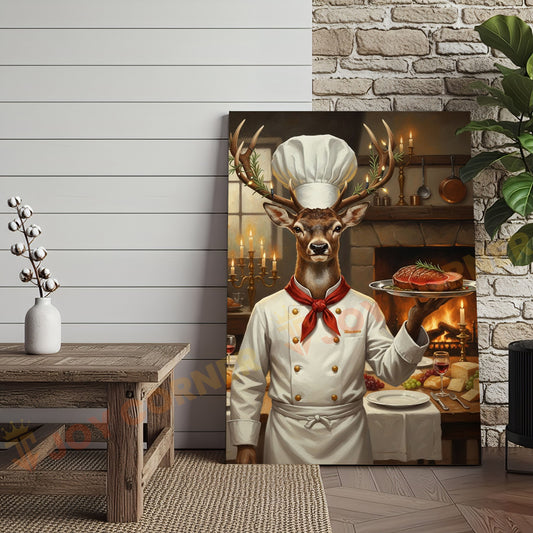 Joycorners Deer Chef in White Uniform Serving Steak beside Fireplace Wrapped Canvas Wall Art