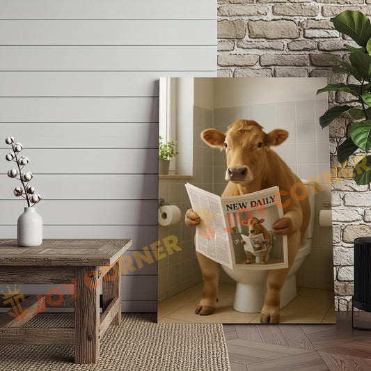 Joycorner Jersey Cow Bathroom Reading Newspaper 3D Wrapped Canvas