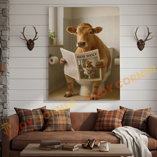 Joycorner Jersey Cow Bathroom Reading Newspaper 3D Wrapped Canvas