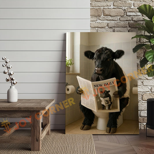 Joycorner Betled Galloway Cow Bathroom Reading Newspaper 3D Wrapped Canvas