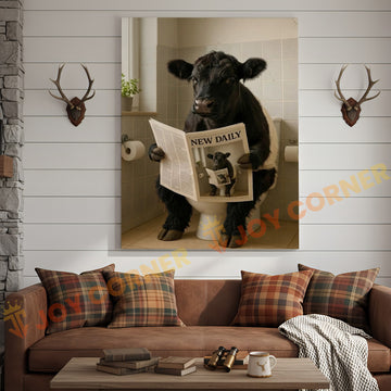 Joycorner Betled Galloway Cow Bathroom Reading Newspaper 3D Wrapped Canvas
