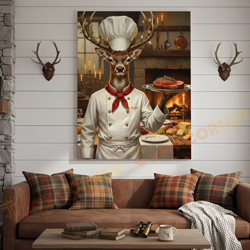 Joycorners Deer Chef in White Uniform Serving Steak beside Fireplace Wrapped Canvas Wall Art