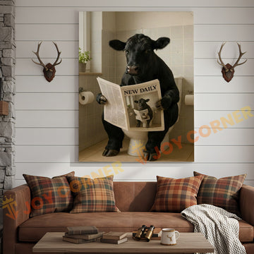 Joycorner Black Angus Cow Bathroom Reading Newspaper 3D Wrapped Canvas