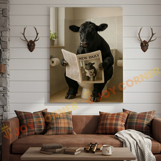 Joycorner Black Angus Cow Bathroom Reading Newspaper 3D Wrapped Canvas
