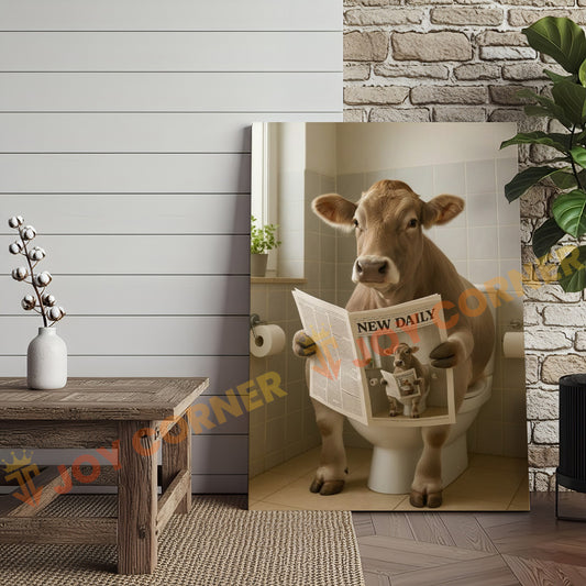 Joycorner Brown Swiss Cow Bathroom Reading Newspaper 3D Wrapped Canvas