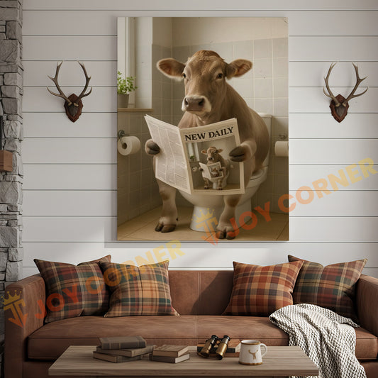 Joycorner Brown Swiss Cow Bathroom Reading Newspaper 3D Wrapped Canvas