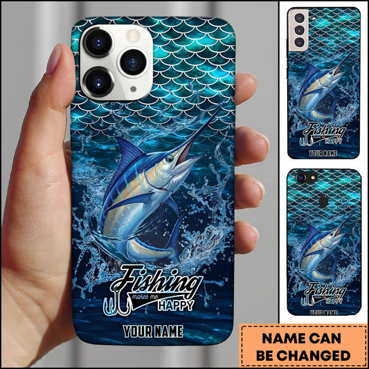 Joycorners Marlin Fishing Phone Case Fish Scale Pattern Splash Design Personalized Name 3D Phone Case