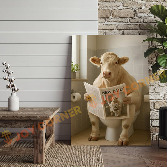 Joycorner Charolais Cow Bathroom Reading Newspaper 3D Wrapped Canvas