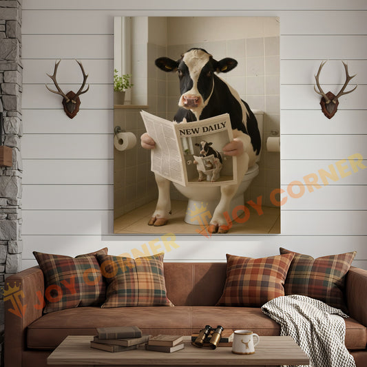 Joycorner Holstein Cow Bathroom Reading Newspaper 3D Wrapped Canvas