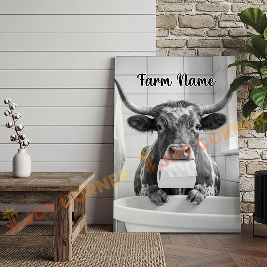 Joycorners Cattle Cow Funny Texas Longhorn In Bathroom Holding Toilet Paper Personalized Name Canvas
