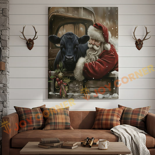 Joycorner Black Angus Cow With Santa Claus Christmas Scene 3D Wrapped Canvas