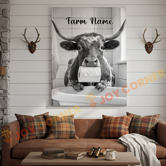 Joycorners Cattle Cow Funny Texas Longhorn In Bathroom Holding Toilet Paper Personalized Name Canvas