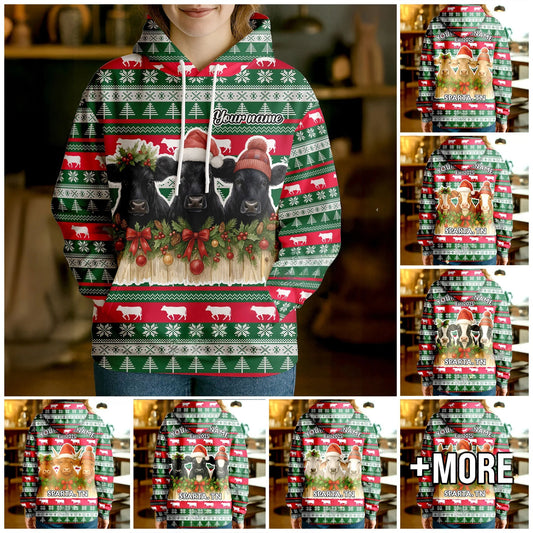 Joycorners Custom Farm Name Christmas Vibe Featuring Three Adorable Hoodie (8 Cattle Breeds)