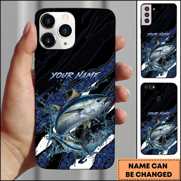 Joycorners Tuna Fishing Phone Case Hexagon Tech Pattern Blue Splash Personalized Name Phone Case