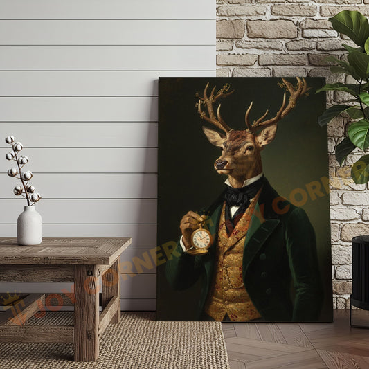 Joycorners Vintage Deer Gentleman with Gold Pocket Watch in Dark Green Suit Wrapped Canvas Wall Art