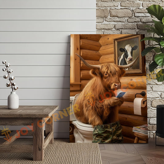Joycorner Higland Cow Bathroom Using Phone Rustic Cabin 3D Wrapped Canvas