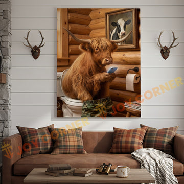 Joycorner Higland Cow Bathroom Using Phone Rustic Cabin 3D Wrapped Canvas