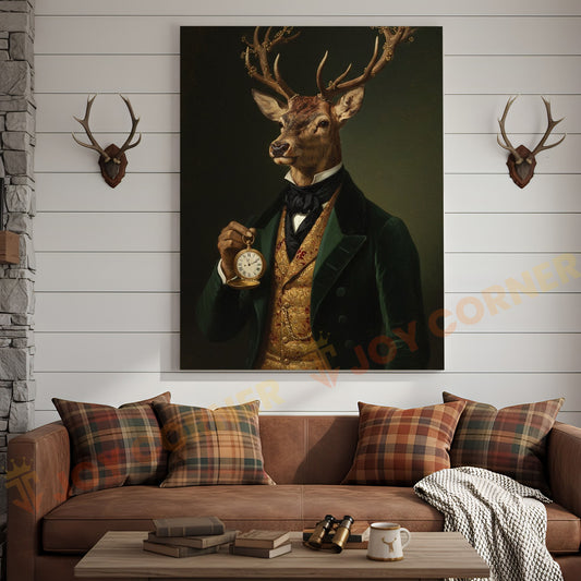 Joycorners Vintage Deer Gentleman with Gold Pocket Watch in Dark Green Suit Wrapped Canvas Wall Art