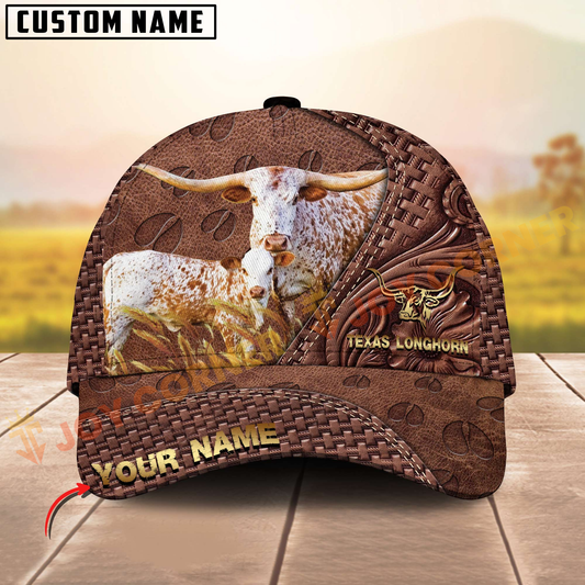 Joycorners Texas Longhorn Cattle Rustic Tooled Leather Customized Name 3D Classic Cap