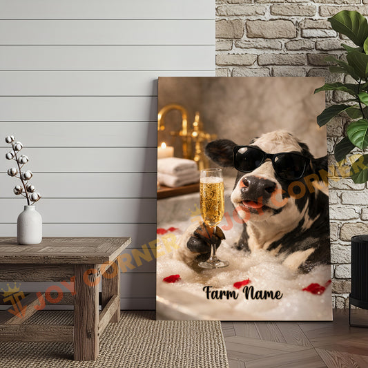 Joycorners Cattle Cow Funny Holstein Cow Taking Bubble Bath With Champagne Personalized Name Canvas