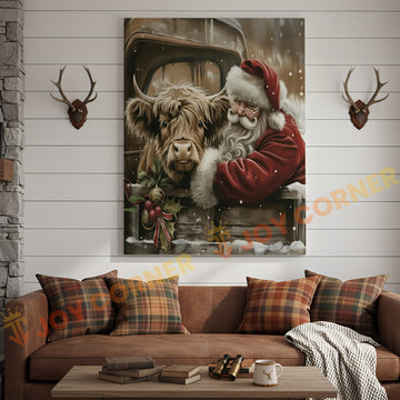 Joycorner Highland Cow With Santa Claus Christmas Scene 3D Wrapped Canvas
