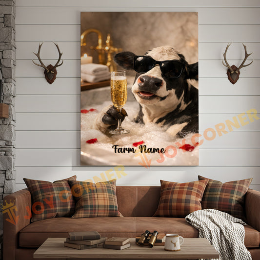 Joycorners Cattle Cow Funny Holstein Cow Taking Bubble Bath With Champagne Personalized Name Canvas
