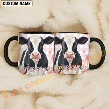 Joycorners Black and White Holstein Cow Pink Plaid Flowers Custom Name Mug