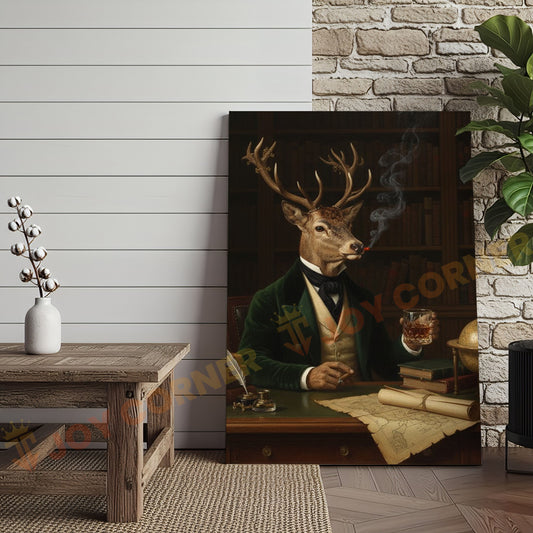 Joycorners Aristocrat Deer Scholar with Whiskey and Cigar in Victorian Library Wrapped Canvas Wall Art