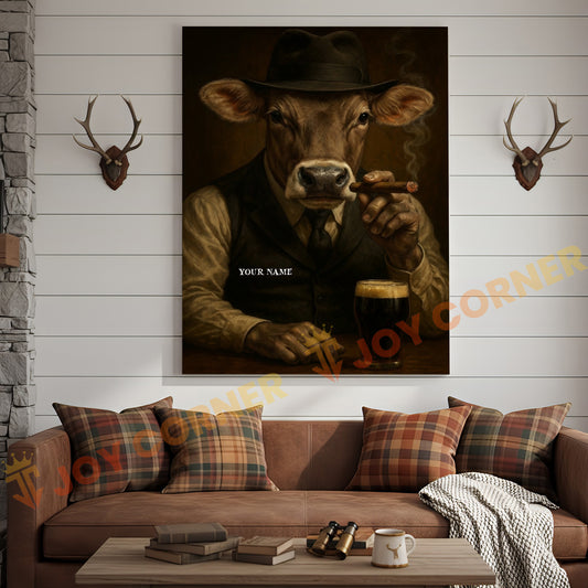 Joycorner Brown Swiss Cow Mafia Cigar Beer Vintage Portrait 3D Wrapped Canvas