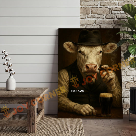 Joycorner Charolais Cow Mafia Cigar Beer Vintage Portrait 3D Wrapped Canvas
