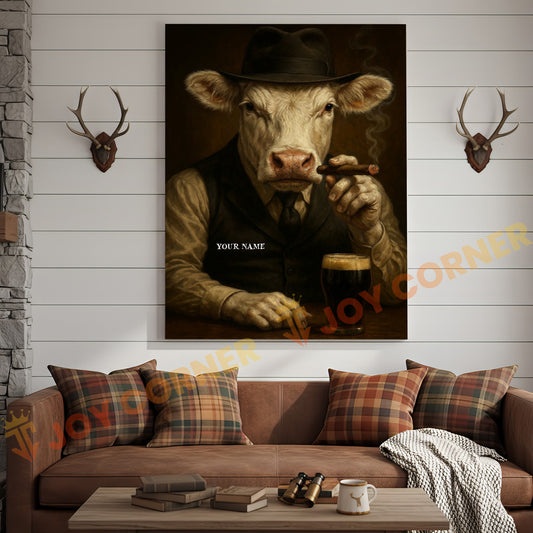 Joycorner Charolais Cow Mafia Cigar Beer Vintage Portrait 3D Wrapped Canvas