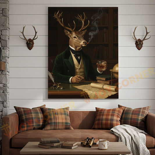 Joycorners Aristocrat Deer Scholar with Whiskey and Cigar in Victorian Library Wrapped Canvas Wall Art