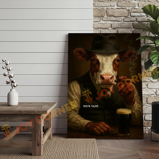 Joycorner Hereford Cow Mafia Cigar Beer Vintage Portrait 3D Wrapped Canvas