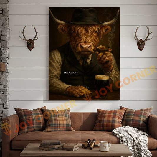 Joycorner Highland Cow Mafia Cigar Beer Vintage Portrait 3D Wrapped Canvas