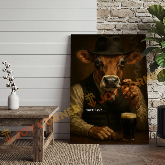 Joycorner Jersey Cow Mafia Cigar Beer Vintage Portrait 3D Wrapped Canvas