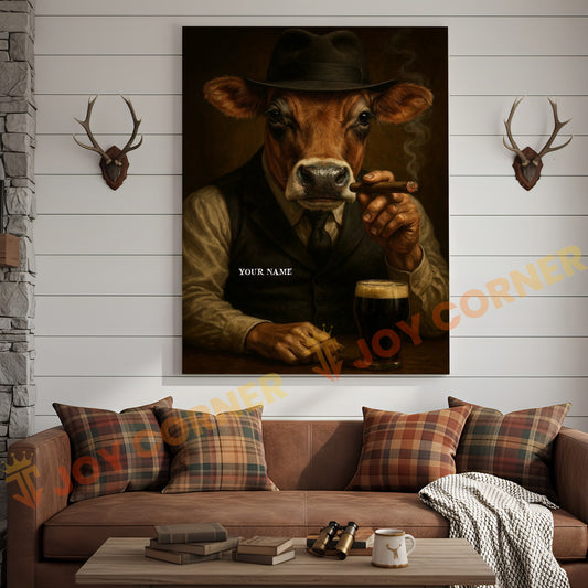 Joycorner Jersey Cow Mafia Cigar Beer Vintage Portrait 3D Wrapped Canvas