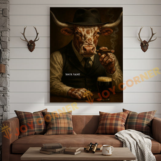 Joycorner Texas Longhorn Mafia Cigar Beer Vintage Portrait 3D Wrapped Canvas