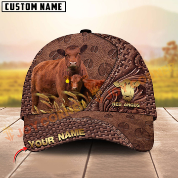 Joycorners Red Angus Cattle Rustic Tooled Leather Customized Name 3D Classic Cap