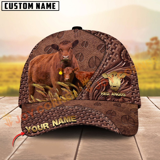 Joycorners Red Angus Cattle Rustic Tooled Leather Customized Name 3D Classic Cap