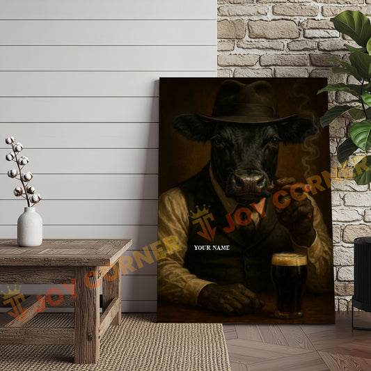 Joycorner Black Angus Cow Mafia Cigar Beer Vintage Portrait 3D Wrapped Canvas