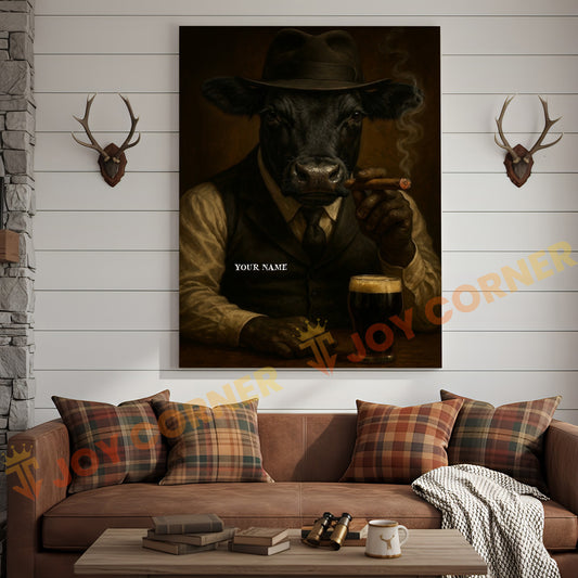 Joycorner Black Angus Cow Mafia Cigar Beer Vintage Portrait 3D Wrapped Canvas